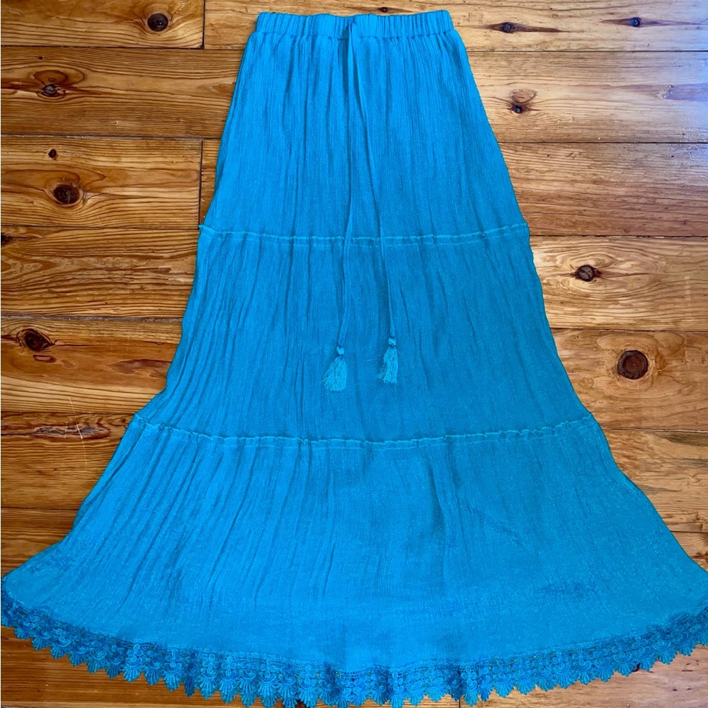 Vintage Cottagecore Teal Flowy Maxi Skirt